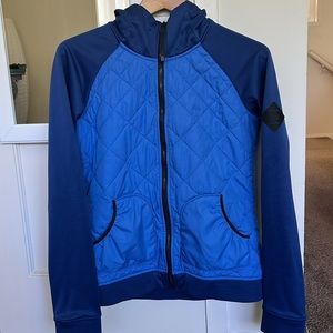 The North Face Womens Hooded Jacket Zip Up Blue Color Block Quilted Pockets M